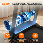 A treadmill shown in a home interior with overlaid marketing text and graphics highlighting a 2.5 HP motor, including a transparent blue mechanical engine illustration and feature icons for motor power, weight capacity, and low noise.