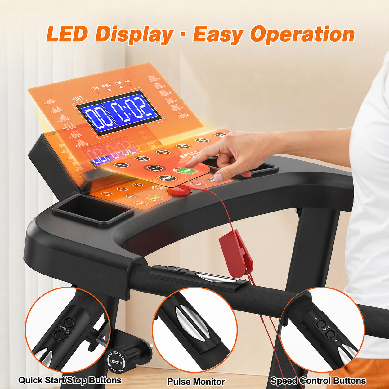 Treadmill with digital display and control panel, featuring quick start/stop buttons, heart rate monitor, and speed adjustment buttons.